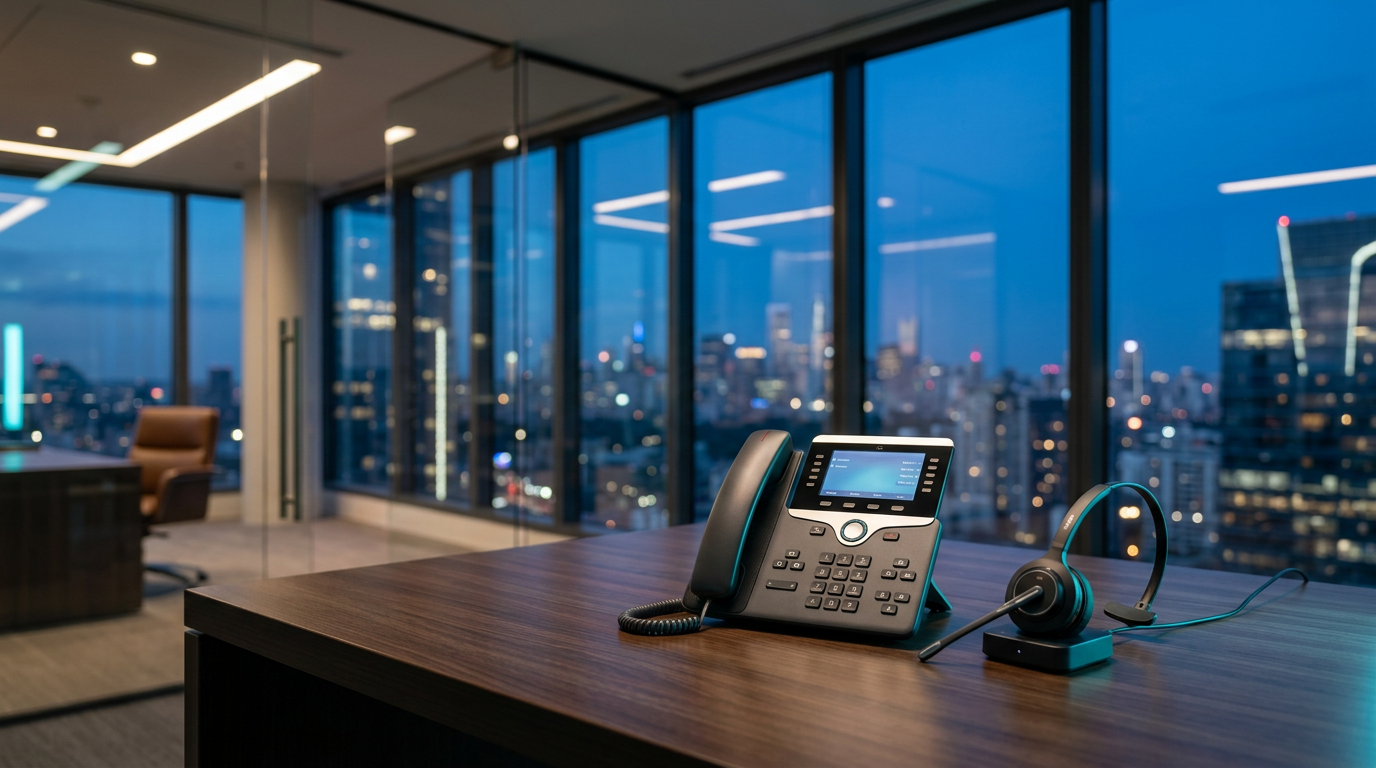 Premium business communications — modern office with VoIP phone and headset